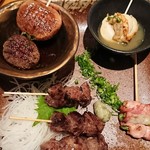 魚 串右衛門 - 椎茸ポン酢串 ホタテバター醤油串 土佐和牛特上ハラミ串 アスパラベーコン串