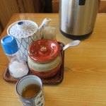 とんかつ雅 - 卓上にソース、塩、ドレッシング有ります