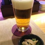 ミツフジダイニング - ビール275円。日・月は半額価格だそうです。お通しは390円。