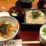 Hana gen - ◆ミニ天丼セット（990円：税込）・・ミニ天丼・ミニお蕎麦・お吸い物・ツユ・薬味などのセット。 お蕎麦は「温」「冷」から選べますので「冷」を。