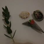 Odette - 日本産のアサリ　タンドリーチンキンのサモサ　パルミジャーノレッジャーノのタルト　オリーブの小枝添え