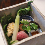 比良山荘 - 鮎なれ寿司、コイの卵、蝦夷鹿ロースト、松茸、豆、ビワマスの卵、鱈の芽