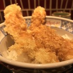 味奈登庵 - いか天丼！  
            丼からはみ出すほどの大きさ、そンないか天ぷらが2つのせられたいか天丼。
            いかも柔らかく、好印象。