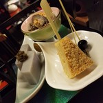 Nihon Ryouri Watanabe - 「ずいき芋の紫蘇の実乗せ・あんこうの皮と肝合え・庄内鶏の出汁煮込み・煮豆」