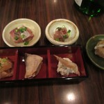 吟吟 - 寒鰤辛味大根和え、寒鰤なめろう、おつまみ3種盛り(白身魚鮟肝和え、富山カワハギ焼、シラサ海老生姜煮)