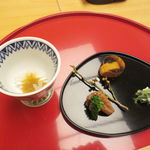Aoyama Asada - 前菜 白魚酒蒸し　このわた　飯蛸　菜の花 鮟肝琥珀寄せ　芹白和え