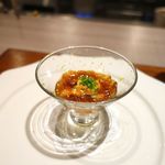 エノテカ パージナ - 焼き才巻海老と北海道産生ウニ、柚子、 汲み上げ湯葉のクレマ　海老のコンソメのジュレ