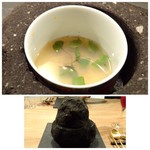 東 - 阿蘇の溶岩で作られた器の中には「蛤のフラン」・・寒い日でしたので、温かい品が最初に出されるのはいいですね。