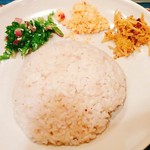 スリランカ料理 ラサハラ - ディナーカレーセットのライス(スパイスおかず3種つき　ココナッツサンボールほか)