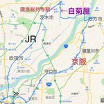 白菊屋 - 最後の移動ログ。大阪市内から一気に高槻市へ。白菊屋は高槻市と茨木市の境目にある。