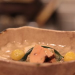 安久 - 銀杏あん肝、海老芋、ラフランスソース