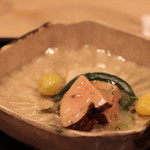 安久 - 銀杏あん肝、海老芋、ラフランスソース