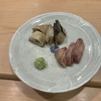 鮨 福原 - 酒蒸しした牡蠣の西京漬けとあん肝