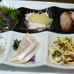 豊栄 - 前菜盛り合わせ（チャーシュー・あん肝赤酒ソテー・干し豆腐、ブリトロの腐乳漬け・蒸し鶏・エビ紹興酒漬け）