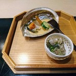 味あら井 - 蒸し鮑、唐墨炙り、渡り蟹内子にあん肝ソース、虎魚と虎ふぐの皮の煮凝り