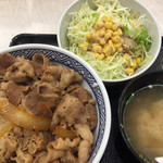 吉野家 - 牛丼並¥380と、Aセット(みそ汁、サラダ)¥130