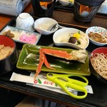 Harada Nouen - 本ズワイガニ食べ放題御膳 #1、キノコの炊き込みご飯、そば、きのこの刺身、きのこの煮物、漬物