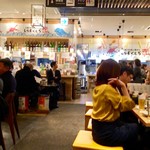 博多一口餃子ヤオマン - 店内風景(自視点左)。
            ①①①①①①①①①①①
            ①①①①①①①①①①①
            ・・・・・・・・・・・←出入口
            ②②②②・・③③③③③
            …座った位置↑から見た光景。
            ①や②は他の店舗で③がこの店の席の一部。