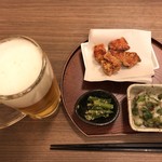 味善 - ほろ酔いセット 生ビール＋おつまみ3品 880円(税込)