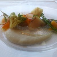 代官山ASO チェレステ 二子玉川店 - 前菜：ホタテ貝のフリット　里芋のトンナードソース　温州みかんと野菜のサラダ（2018.1）