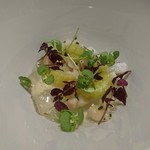 essere - ２皿目。サラダ。
                                ホタテとカブラの角切り、リンゴのピューレ、トマトのエキスのコンソメジュレ。
                                なんて面白いサラダ(ﾟ∀ﾟゞ)♪
                                この組み合わせがこんなに美味しいとは(*´∀｀)