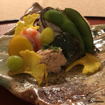 御料理 寺沢 - 銀杏､丸十甘露煮､鮃の子の含め煮､車海老艶煮､茶豆､鮑の肝煮