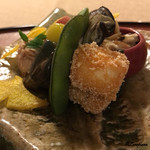 御料理 寺沢 - 穴子おかき揚､牡蠣松前焼､焼松茸と菊菜のお浸し