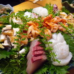 Hamayoshi - お刺身盛り合わせ♪赤貝、アワビ、真鯛、カンパチ、イカ、などなど。とっても新鮮！！