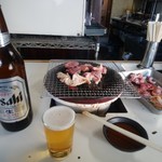 ホルモン料理 ひょうたん - アサヒ超渇き＆ホルモン・ナンコツ・ハツそれぞれﾌﾞﾝﾊﾝずつ。にしても背景明るいなァ。日も長くなったもんだ（ばｋ