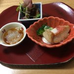 東 - お通し 
      のれそれの酢の物 蛍烏賊 金目鯛素揚げ