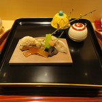 銀座 しのはら - 初午八寸：くわいの松風 きんこの炊いたん 赤貝のぬた和え 水菜の辛子ごまよごし ちしゃとうの味噌漬け のし梅 梅うど  大徳寺納豆の松葉刺し すっぽんスープで炊いたおから 裏稲荷1