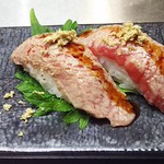 ``Toyonishi beef'' grilled triangular rose nigiri