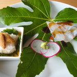 ごはん屋 今ここ - ウニと長芋そうめん、鯛の刺身