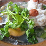 ごはん屋 今ここ - 鱧、ムール貝、空芯菜、クレソン、小松菜の鍋