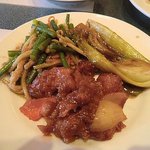 香港食堂 - 酢豚、ニンニクの芽の炒め物、チンゲンサイの炒め物（まぁまぁ）