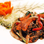 Stir-fried crab with Thai pepper "Poonim Pad Prik Thai Dum"