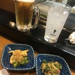 Jiro chou - 付き出しとビールとレモンチューハイ付き出しは旬のあおやぎ(o^^o)と水菜の胡麻和え