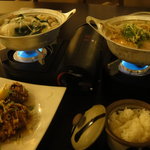 居酒屋　海神 - 今回注文したもの・・・ホルモン鍋・から揚げ（甘辛タレ）・ラーメン・ご飯