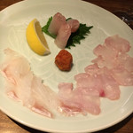 お造り：カサゴの薄づくり（チリ産）・甘鯛の昆布〆