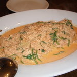 北海道産本マスと練馬産ホウレン草のトマトクリームソース　スパゲッティ