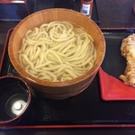 伊予製麺 - 釜揚げうどん(大)190円＋とり天唐揚げ130円