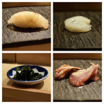 真鯛桜〆（左上）水蛸（右上）生ワカメ（左下）気仙沼初鰹玉葱醤油（右下）