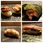 SUSHI TOKYO TEN、 - 紫雲丹、馬糞雲丹（左上）ネギトロ（右上）穴子（左下）かんぴょう（右下）