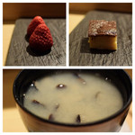 SUSHI TOKYO TEN、 - 苺（左上）玉子焼（右上）シジミ味噌汁（下）