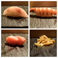 SUSHI TOKYO TEN、 新宿ニュウマン店 - 千葉ほうぼう昆布〆（左上）車海老（右上）鱈子山葵漬（左下）切干大根（右下）