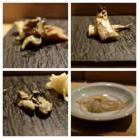 SUSHI TOKYO TEN、 新宿ニュウマン店 - 出汁で炊いた鮑（左上）ししゃも雄（右上）牡蠣太白胡麻油漬（左下）白魚（右下）
