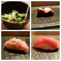SUSHI TOKYO TEN、 新宿ニュウマン店 - 菜の花お浸し（左上）真蛸（右上）本鮪中トロ（左下）本鮪赤身（右下）