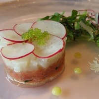 貝殻亭 - 意外にもサラダの下に敷かれたグリーンピースソースと水玉のレモンソースが我々のヒット