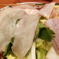 ふく政 - ⑧虎河豚しゃぶしゃぶ(てっちり)
                しゃぶしゃぶとは言うものの、身の厚さが半端無い！
                これだけ厚いとピンク色で極上の虎河豚なのが良く分かります。
                鮮度も申し分ありません。