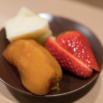 うを徳 - 2018.3 フルーツ盛り（福島会津あんぽ柿、愛知紅ほっぺ、沖縄ピーチパイン）